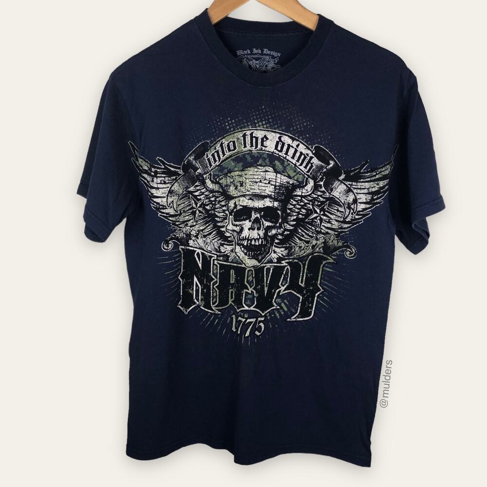 Black Ink Design Mens US Military Navy Sailor Skull Skeleton Graphic Shirt